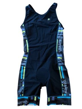SAFETTI BLACK GEOMETRIC SIDE PANEL TRIATHLON RACESUIT KIT SLEEVELESS OPEN BACK S